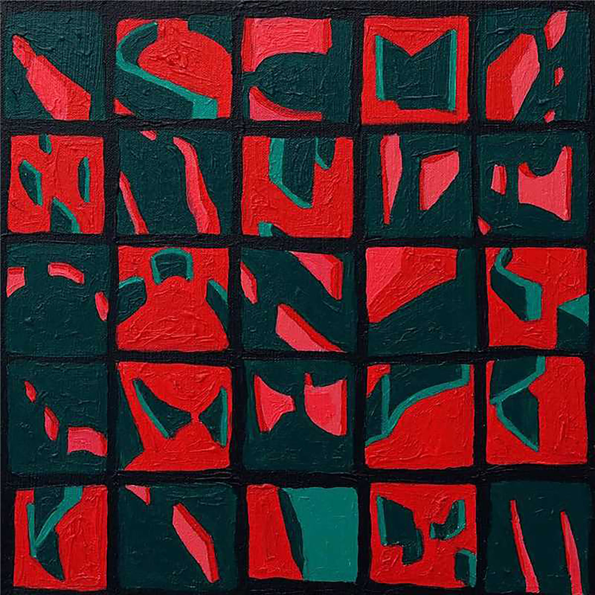 A grid of red and teal shapes on dark green