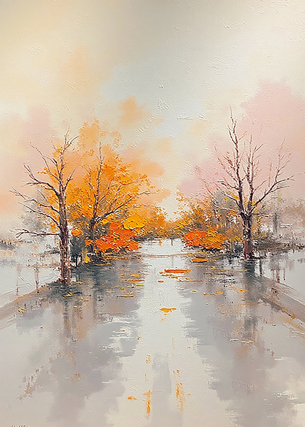 A wet road reflecting orange autumn trees in soft mist