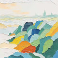 Mountains built from patches of green, blue, yellow and orange