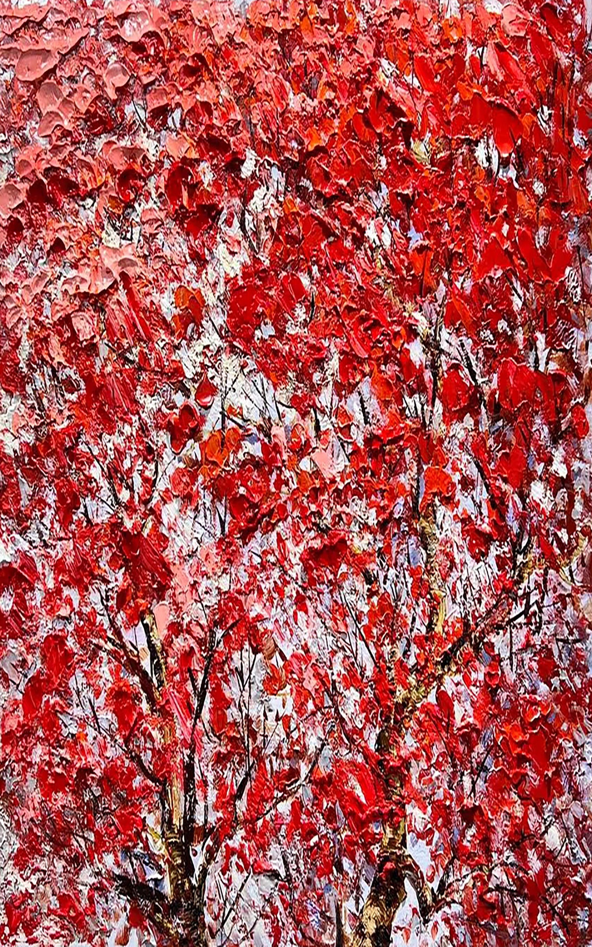 A dense canopy of scarlet leaves in thick palette-knife strokes