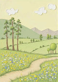 A path through a flowered meadow toward trees and soft hills