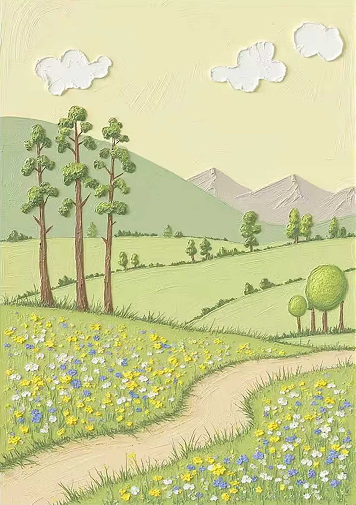 A path through a flowered meadow toward trees and soft hills