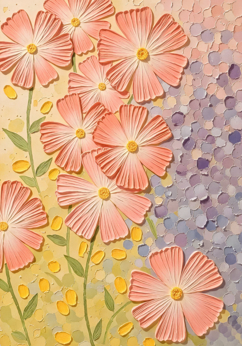 Coral cosmos flowers sculpted over yellow and lilac dots