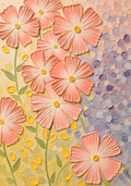 Coral cosmos flowers sculpted over yellow and lilac dots