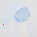 A tiny swimmer in an oval pool on a pale blue wash