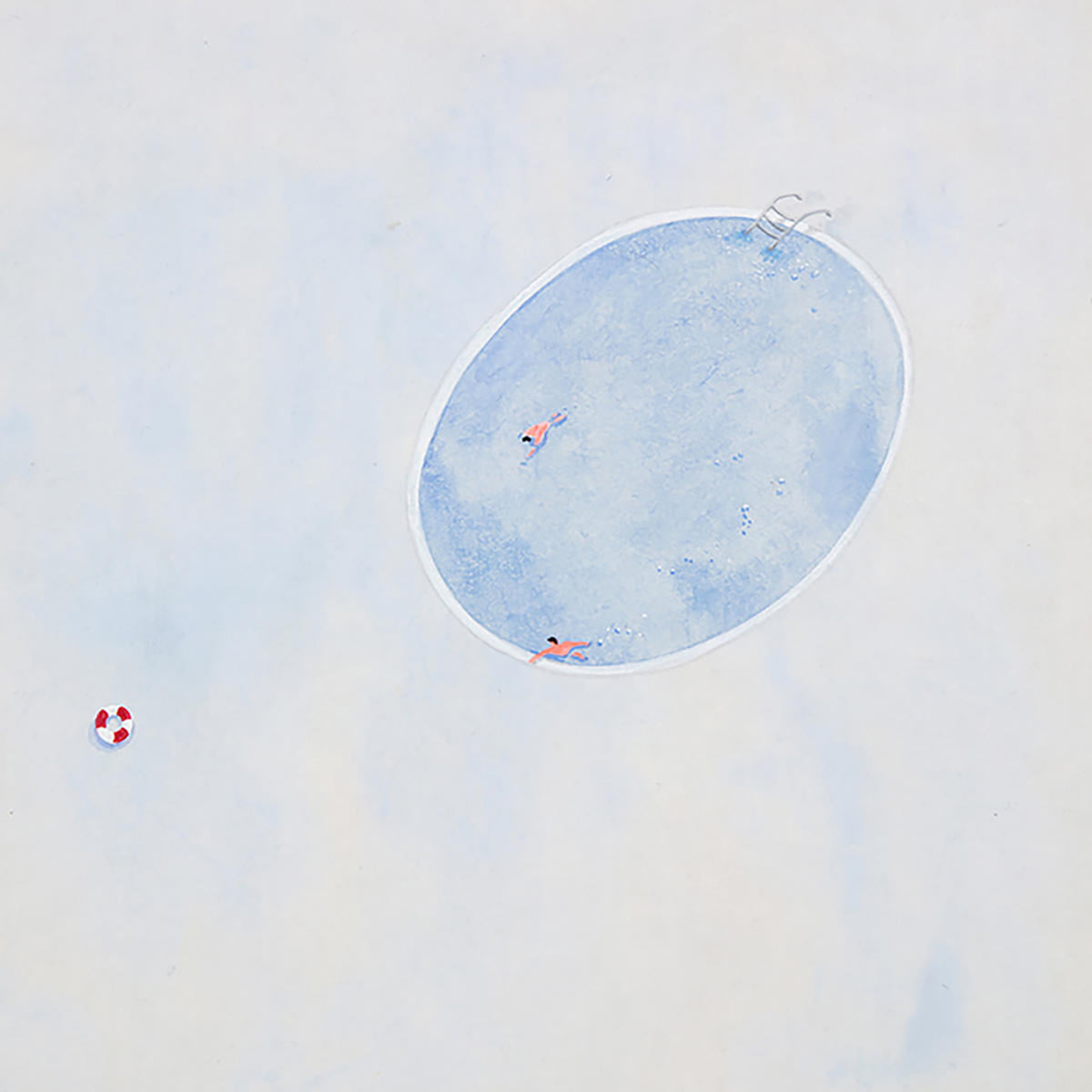 A tiny swimmer in an oval pool on a pale blue wash
