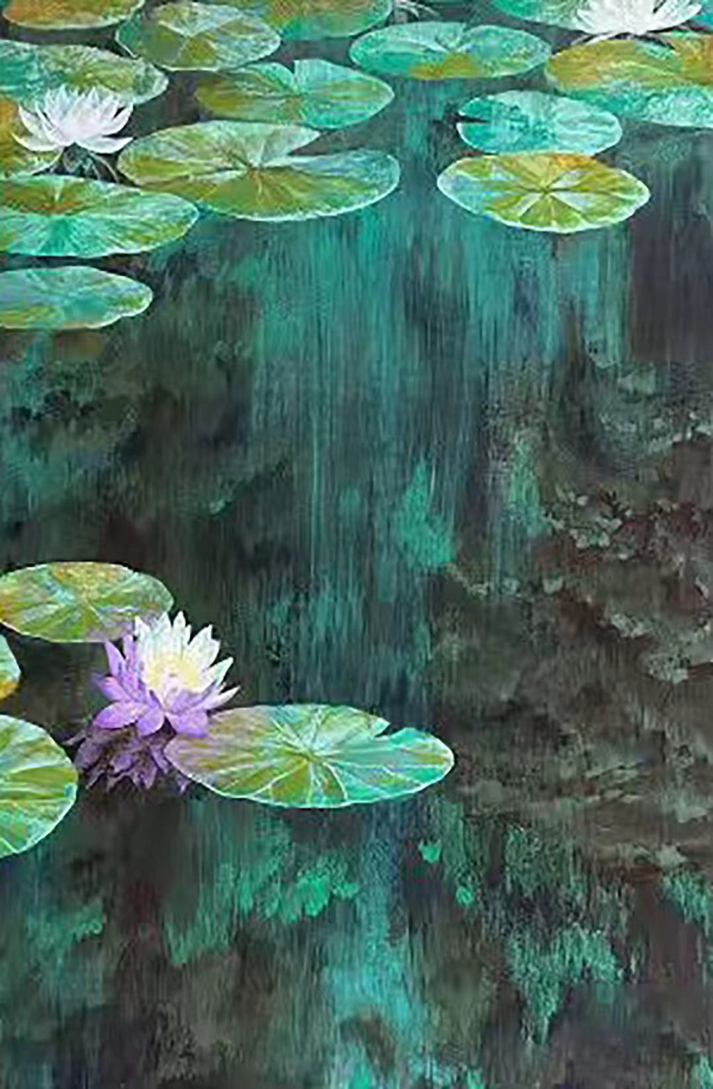Lily pads and a violet water lily over dark green water