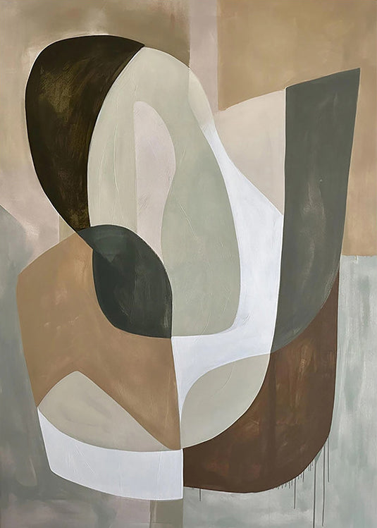 Interlocking curved shapes in sage, brown, black and cream