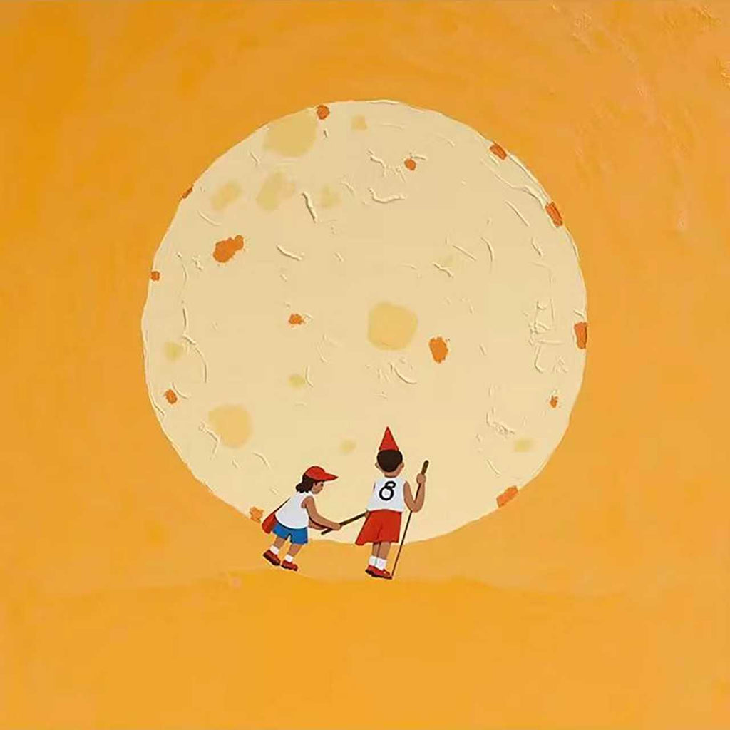 Two small children walking hand in hand before a huge pale moon