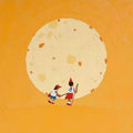 Two small children walking hand in hand before a huge pale moon