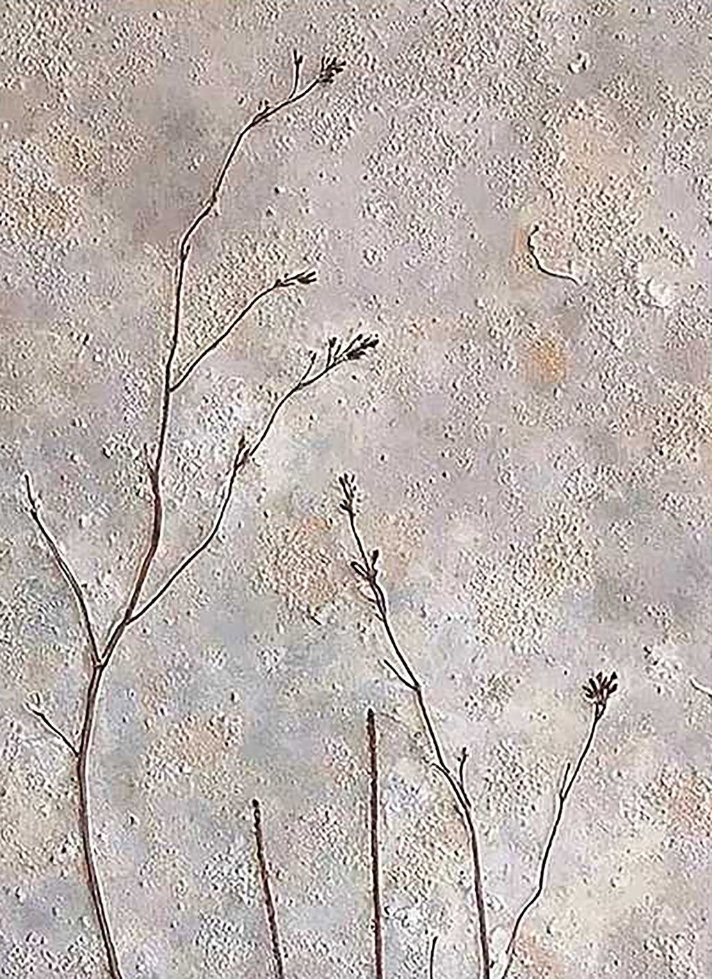 Fine dark stems rising over a speckled stone-grey ground