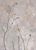 Fine dark stems rising over a speckled stone-grey ground