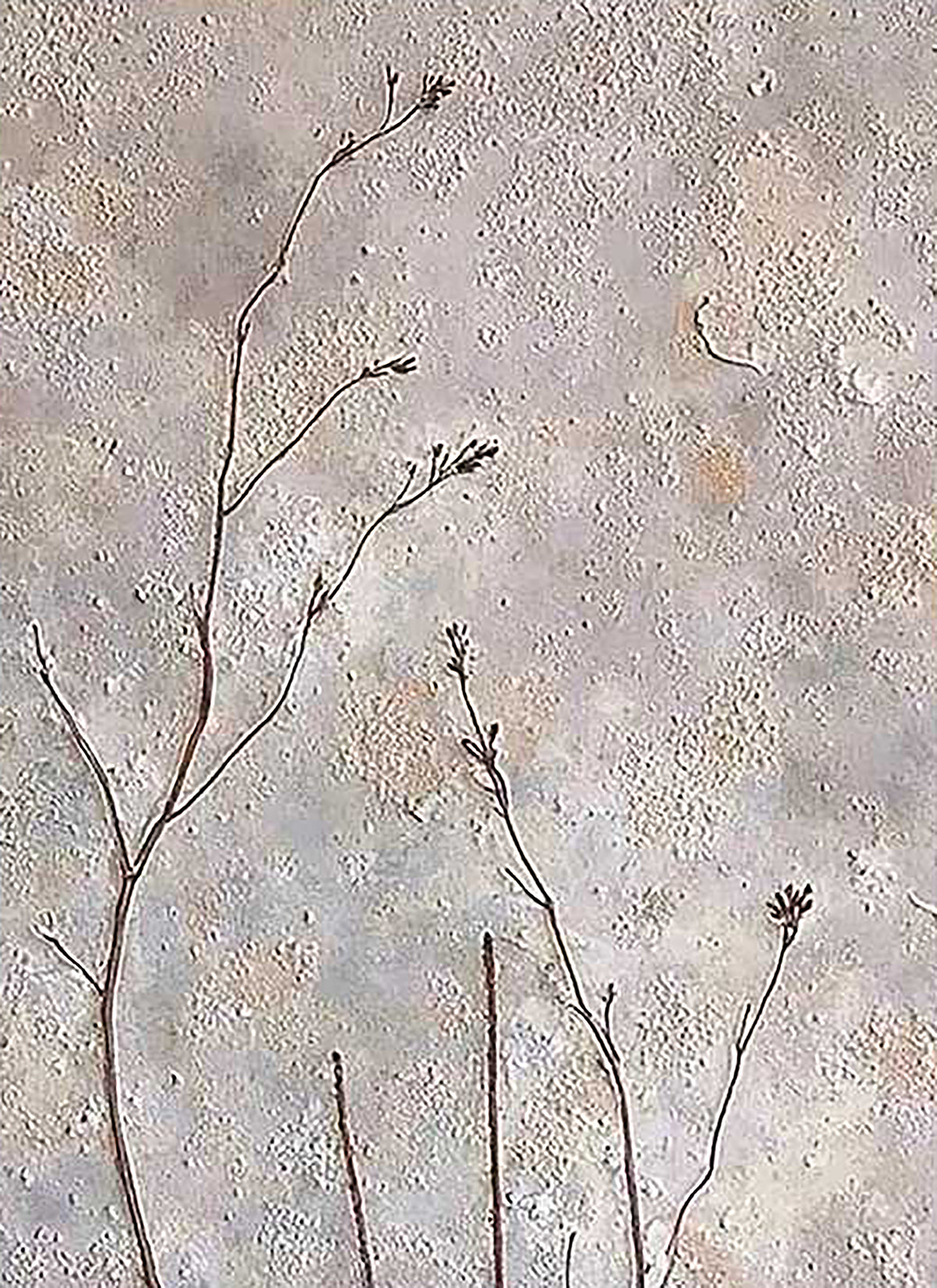 Fine dark stems rising over a speckled stone-grey ground