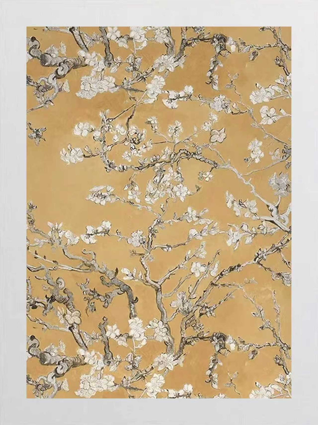 A hand-painted reproduction of Vincent van Gogh's Almond Blossom (1890), the white blossom branches set on a warm ochre ground