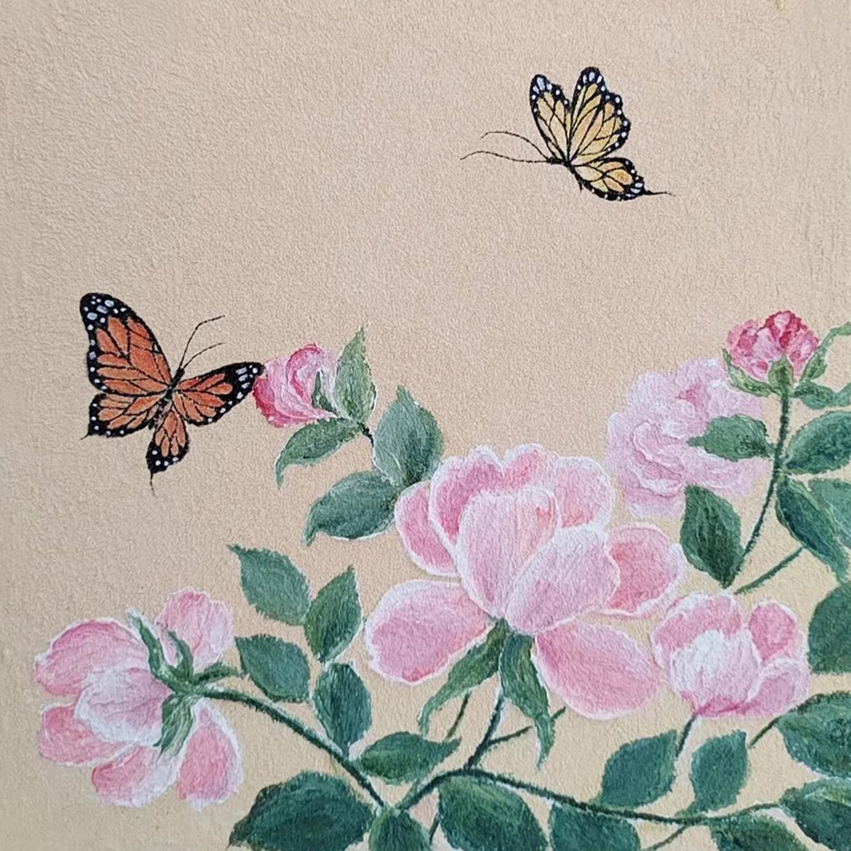 Two butterflies over pink peonies and green leaves on linen