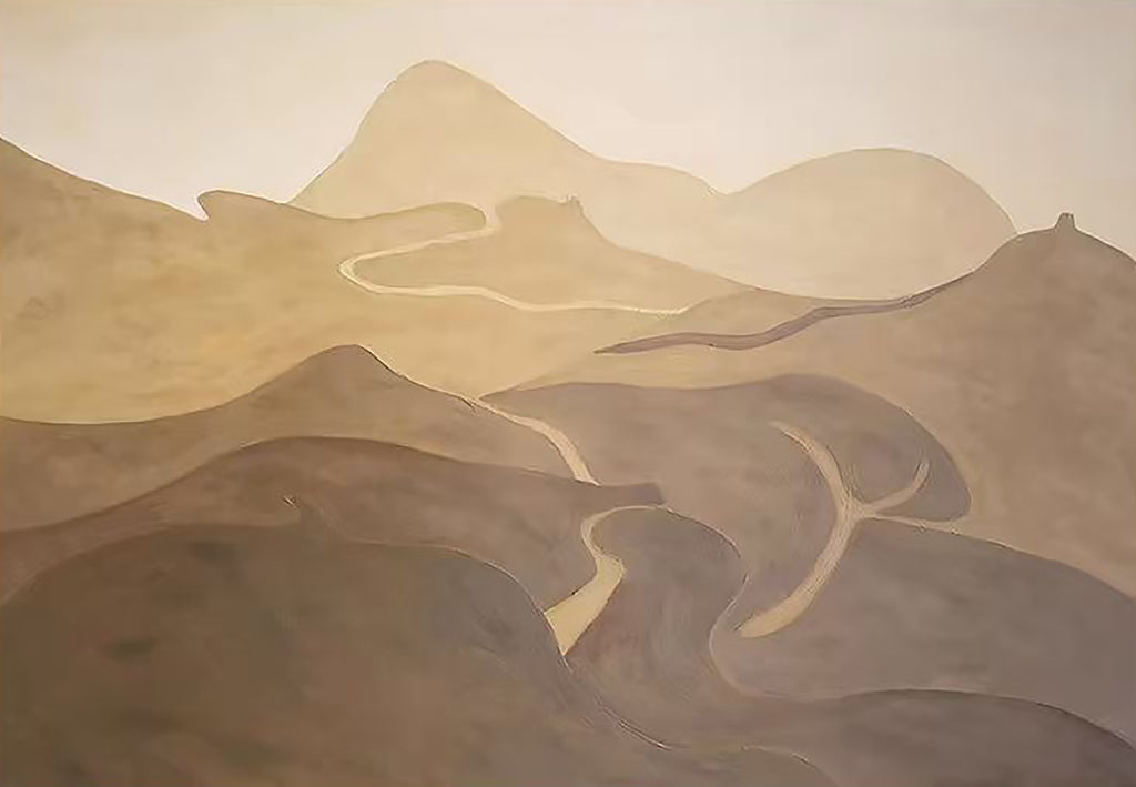 A pale road winding through soft layered sepia hills