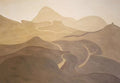 A pale road winding through soft layered sepia hills