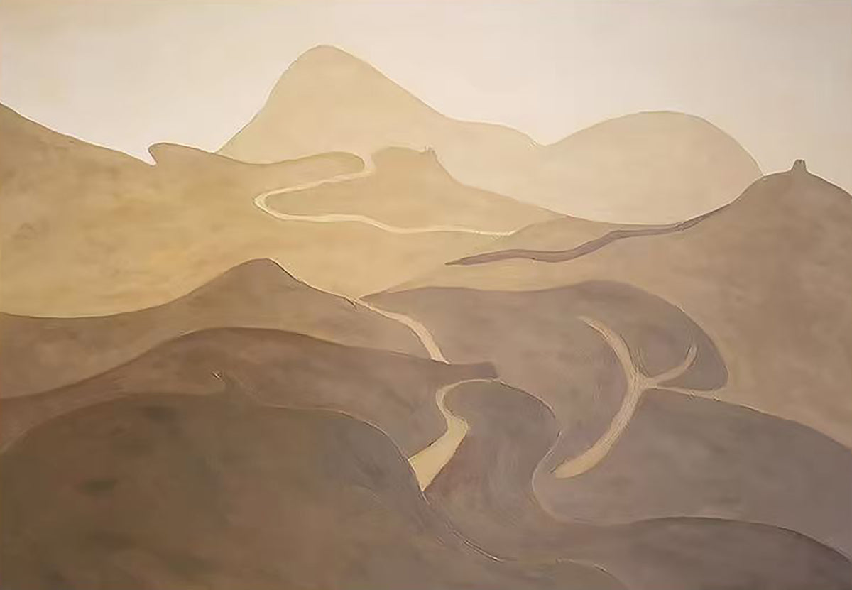 A pale road winding through soft layered sepia hills