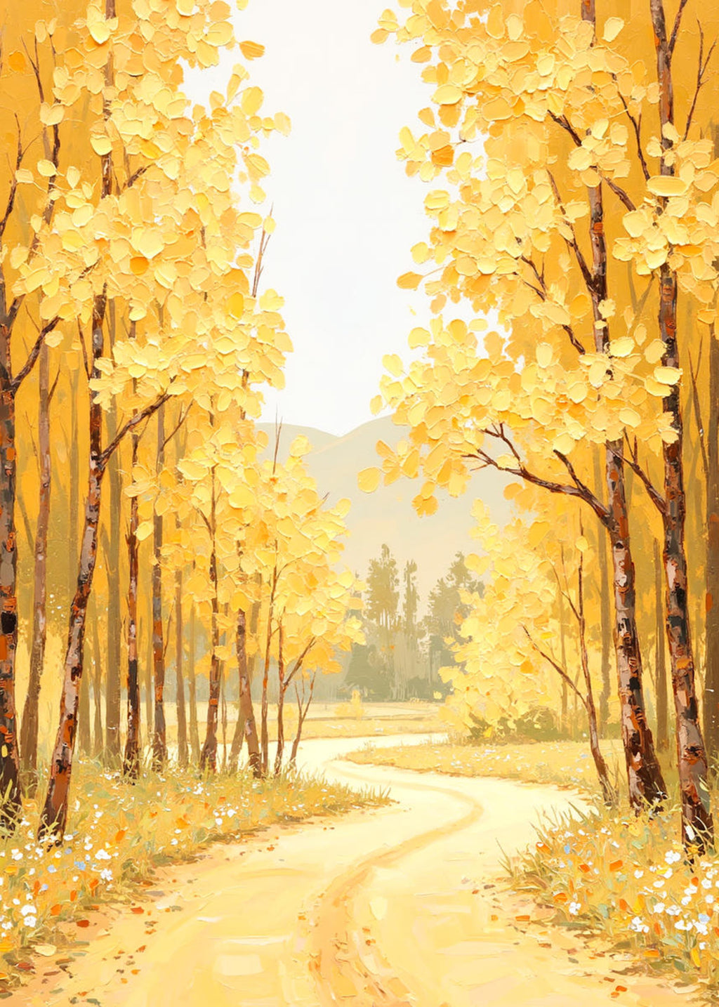 A sunlit path through trees heavy with yellow autumn leaves