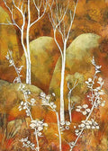 White birch trunks and blossoms over amber and olive hills