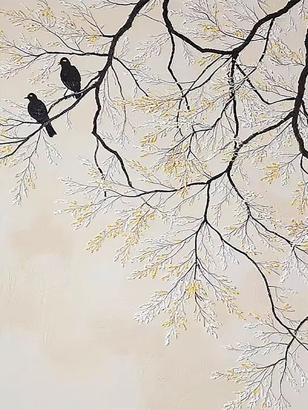 Two dark birds on a branch of white blossom on cream
