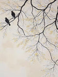 Two dark birds on a branch of white blossom on cream