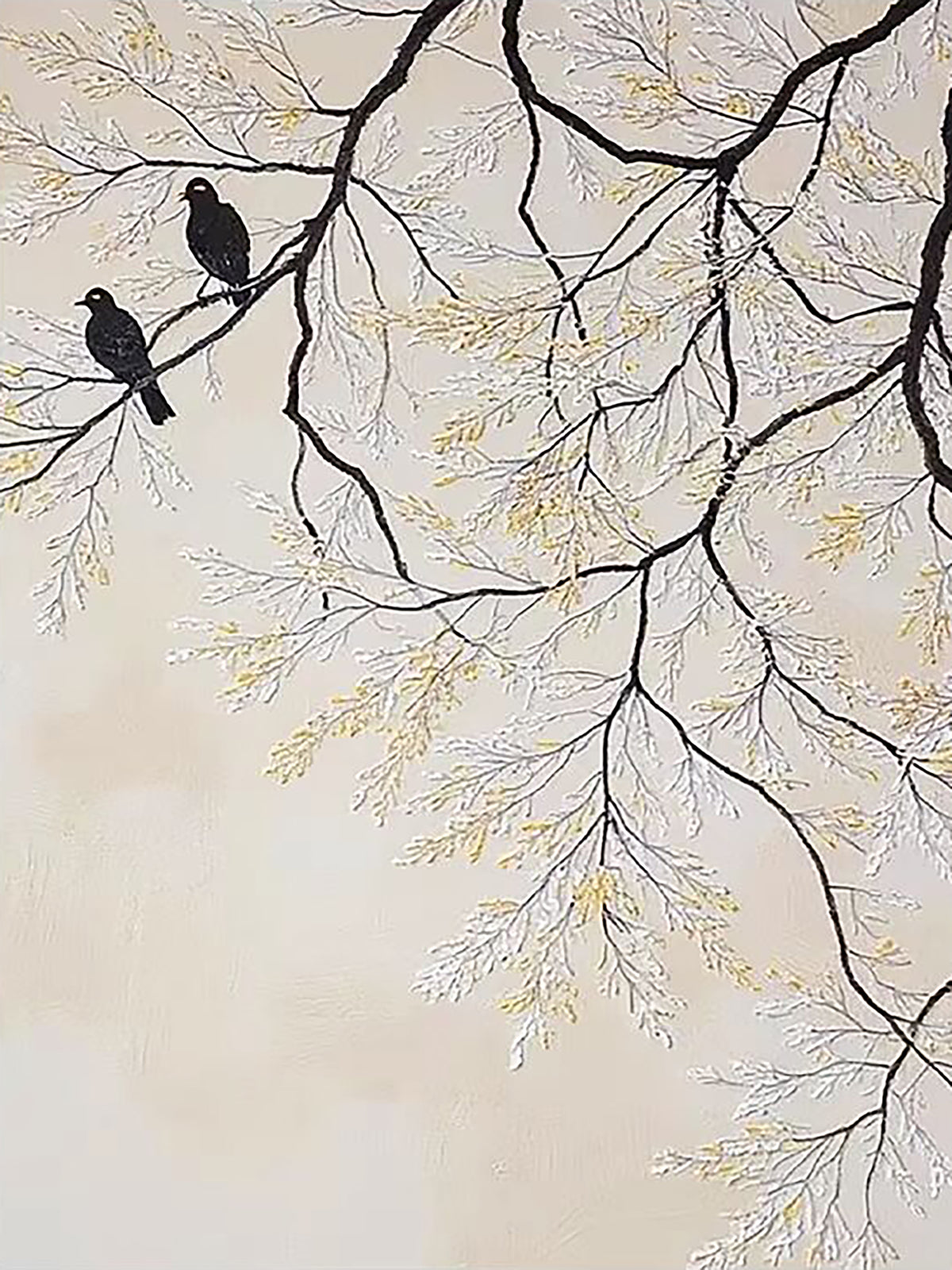 Two dark birds on a branch of white blossom on cream