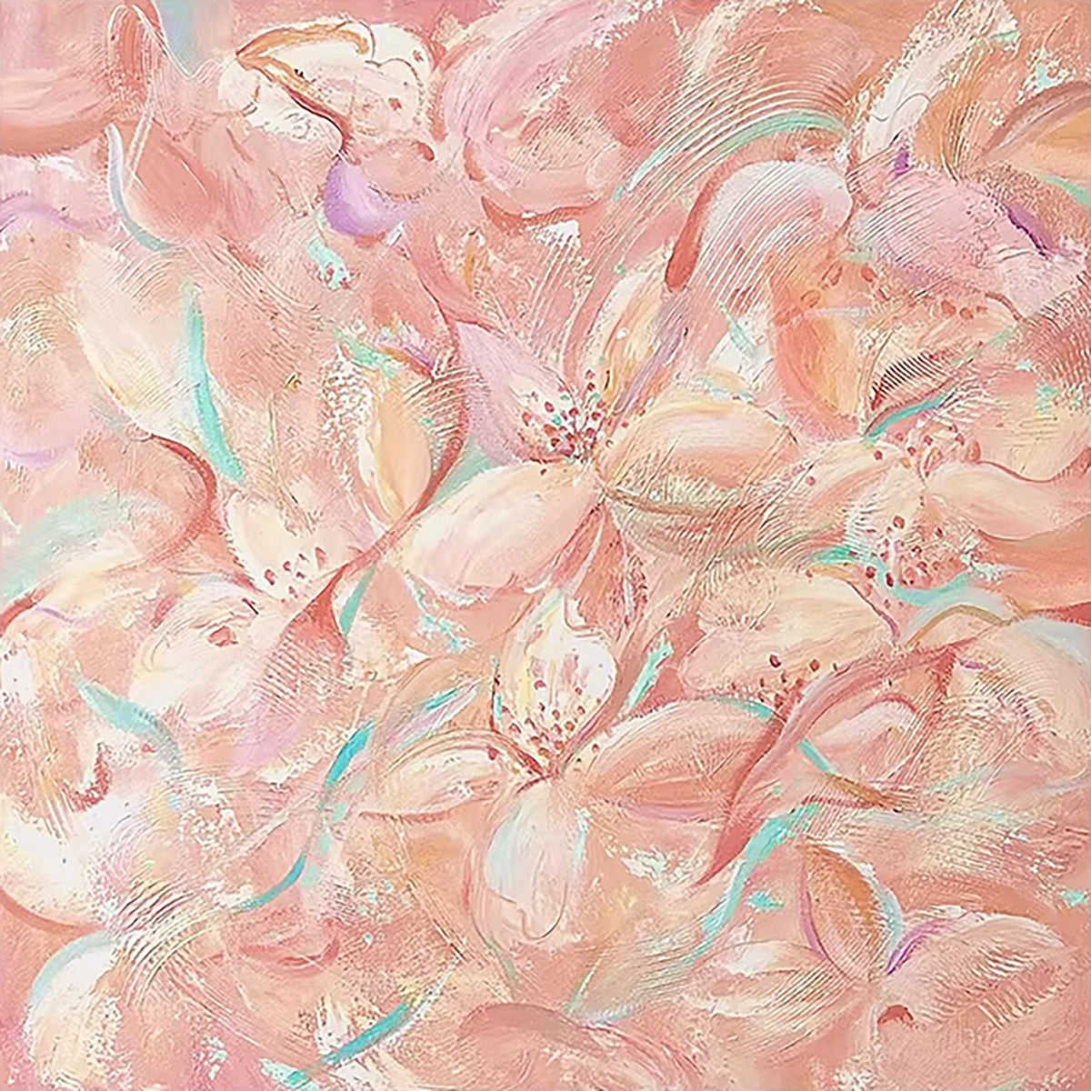 Swirls of coral and pink petals with flecks of teal