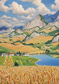 Wheat in the foreground, a blue lake, red-roofed farms and green peaks