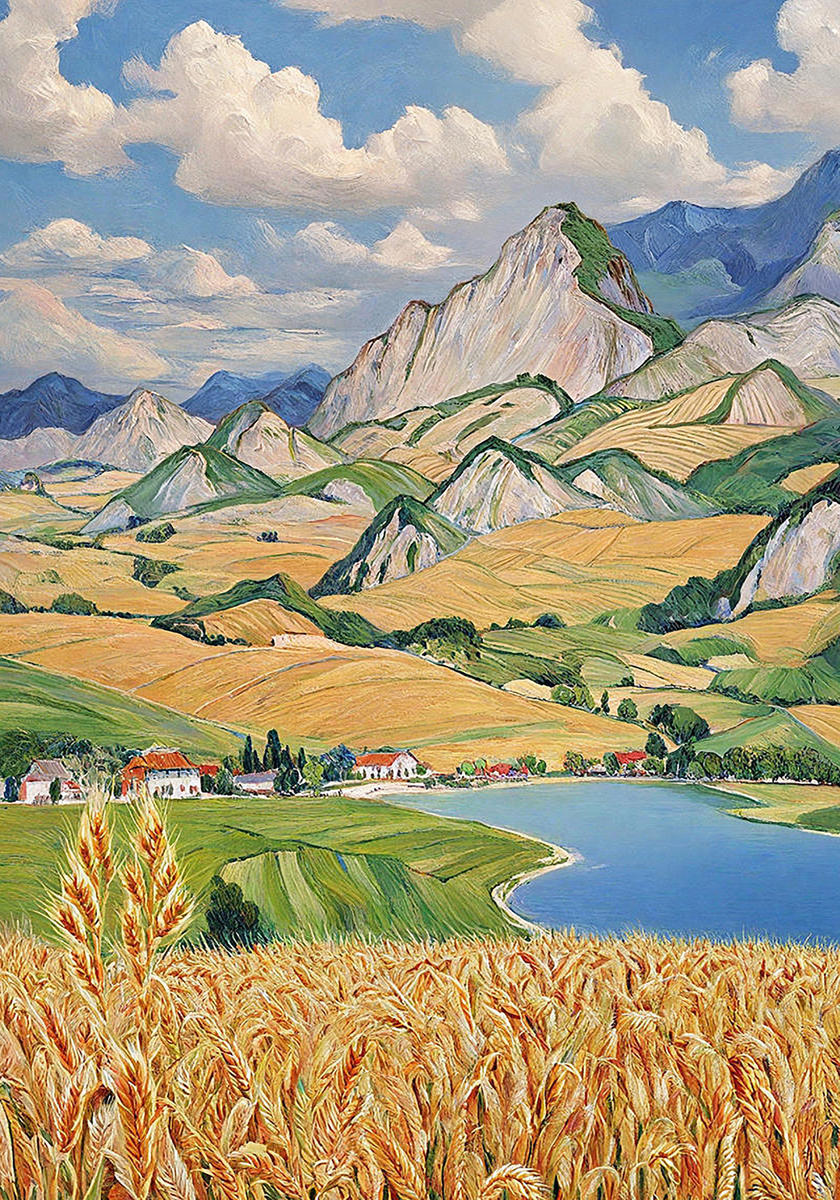 Wheat in the foreground, a blue lake, red-roofed farms and green peaks