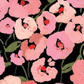 Bold pink and red poppy shapes against black