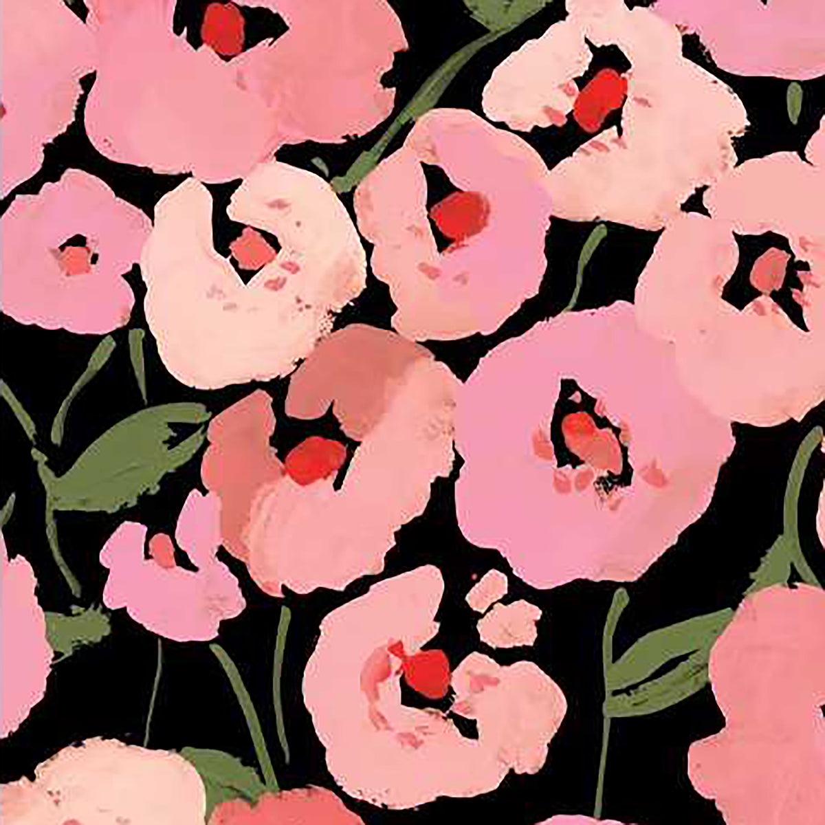 Bold pink and red poppy shapes against black