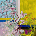 Patterned caladium leaves and flowers against yellow and blue panels