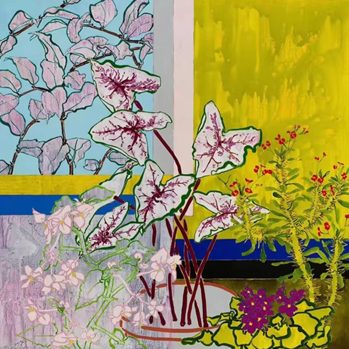 Patterned caladium leaves and flowers against yellow and blue panels