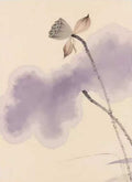 A dry lotus pod and stem over a soft lilac cloud