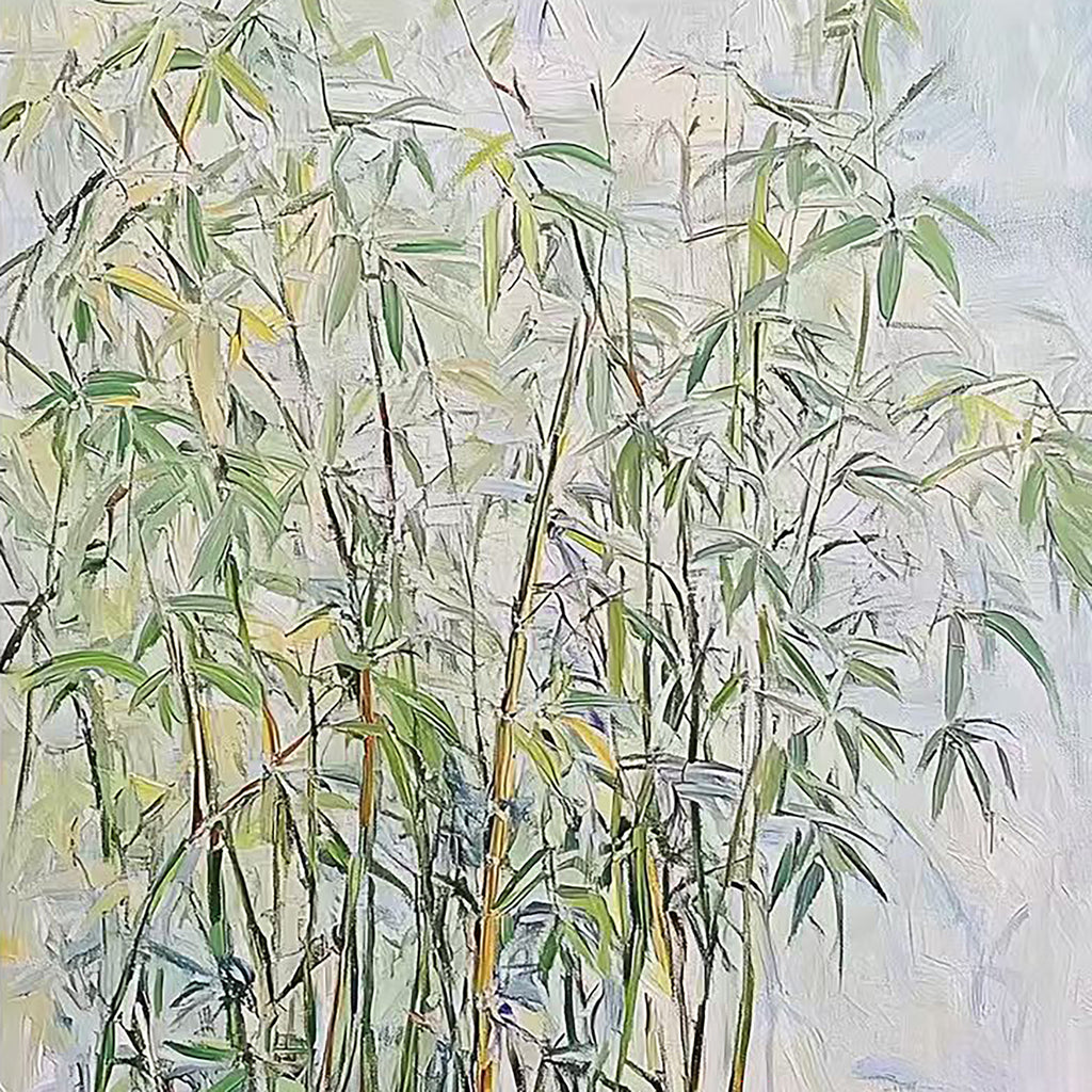 Tall slender bamboo stems and leaves on a pale ground