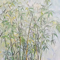 Tall slender bamboo stems and leaves on a pale ground