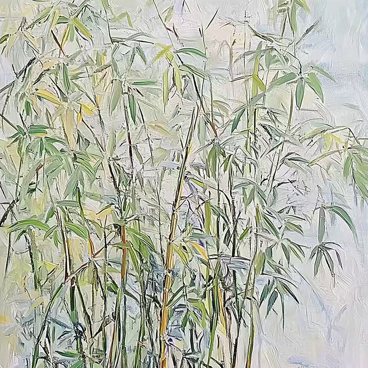 Tall slender bamboo stems and leaves on a pale ground