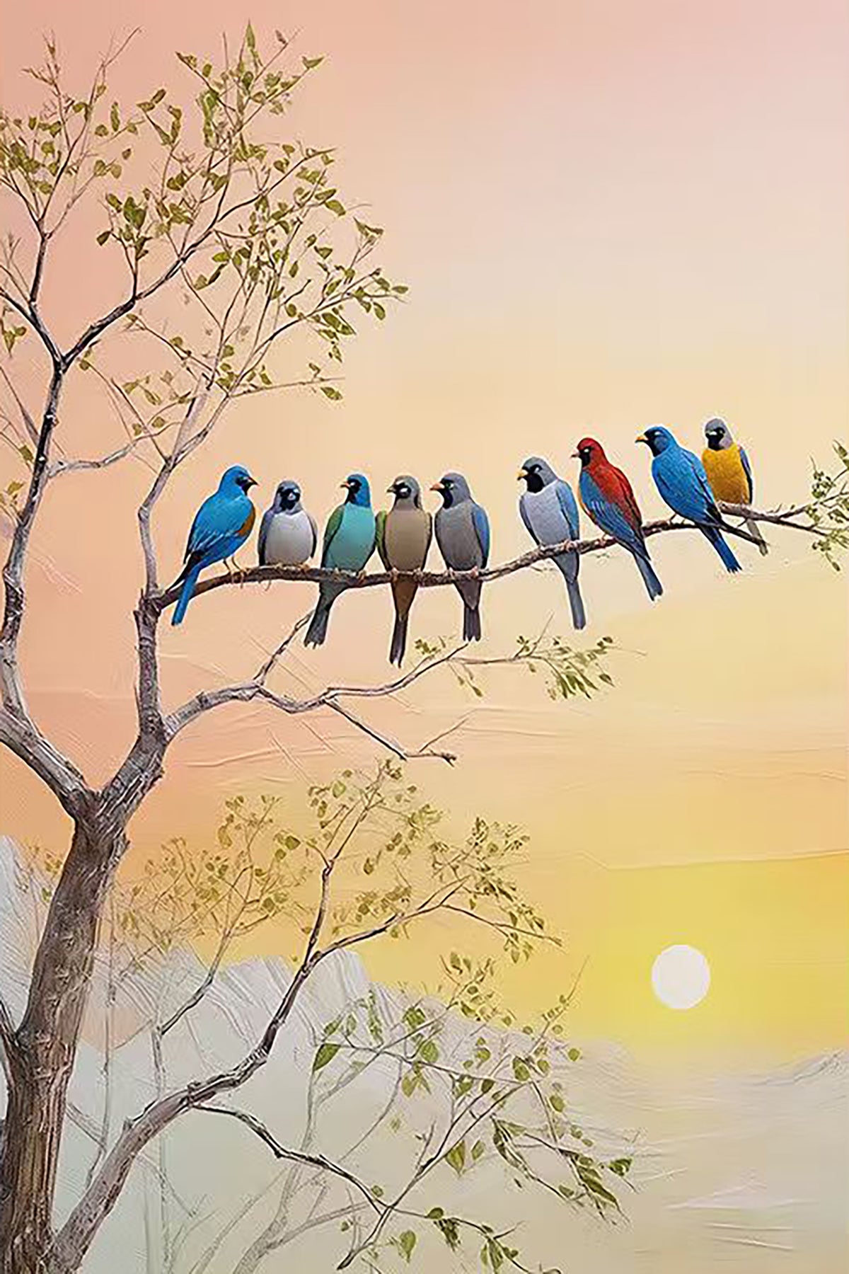 A row of colourful finches on a bare branch against a peach sunset
