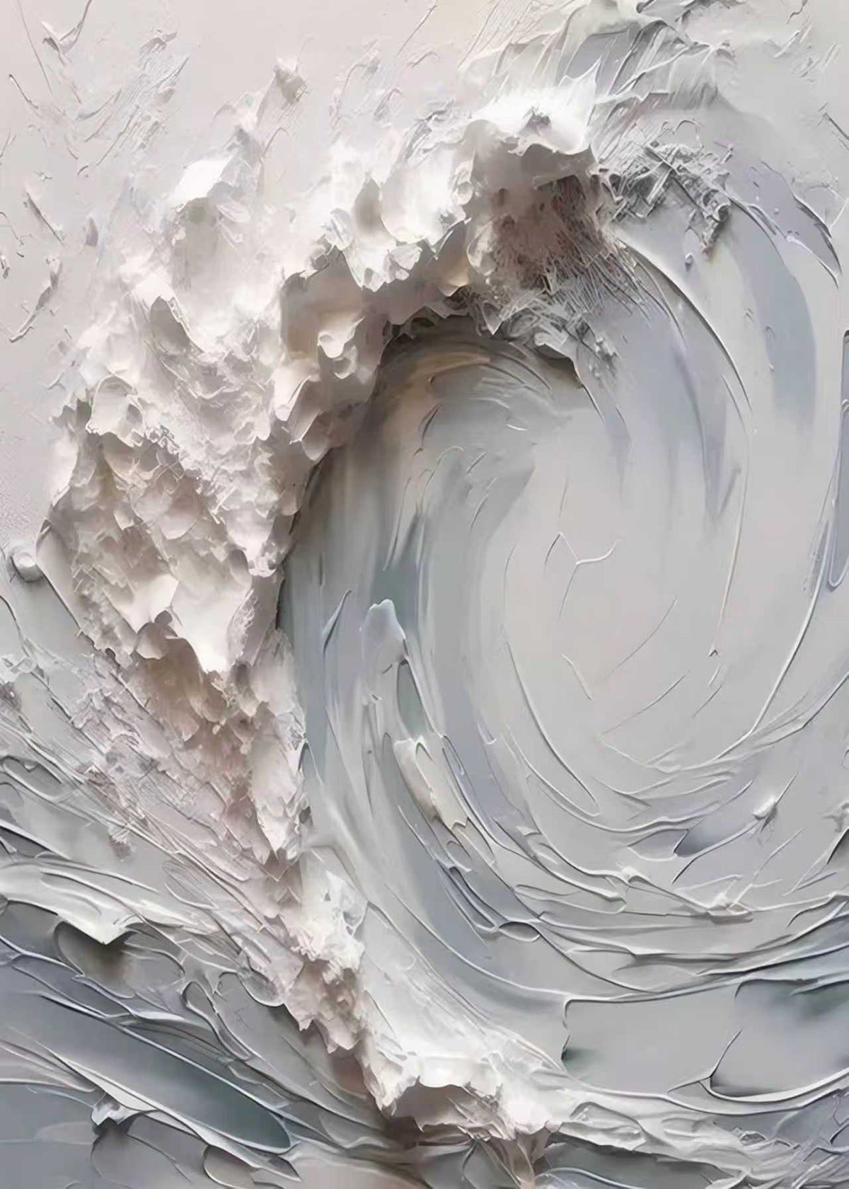A curling white wave sculpted in thick paint over grey-blue