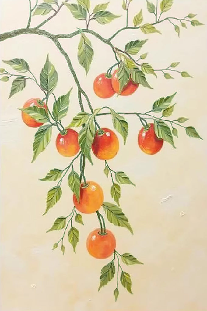 Small red fruits on a leafy branch on a cream ground