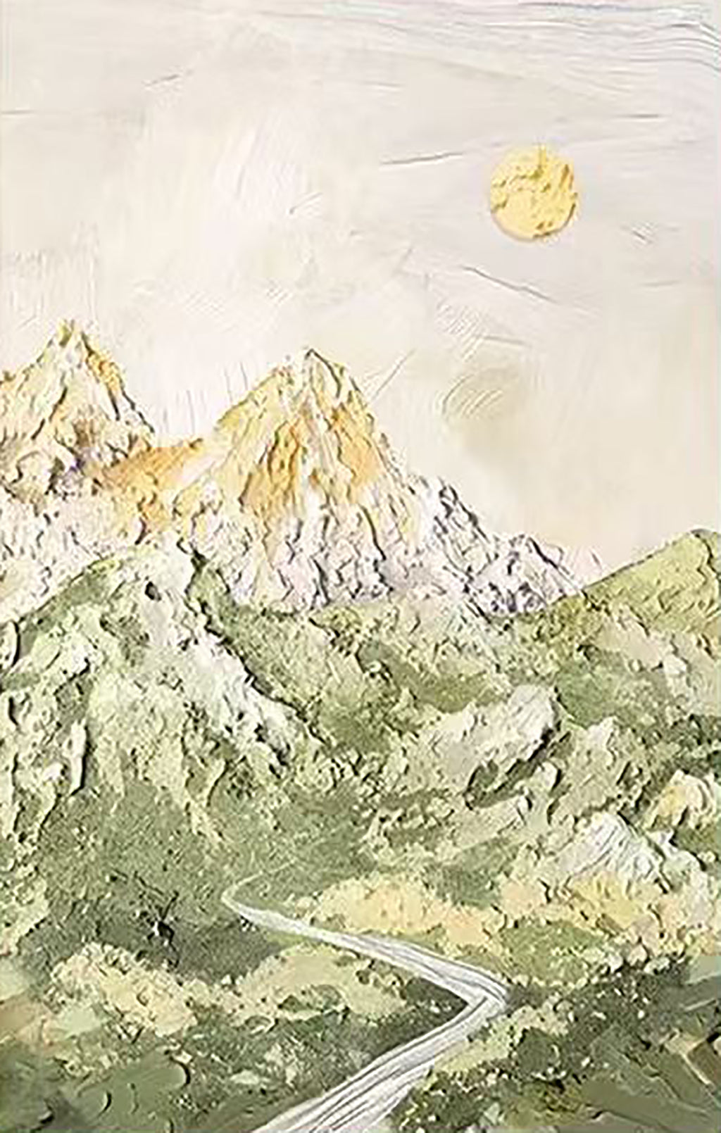 Sculpted green peaks under a gold sun with a road winding below