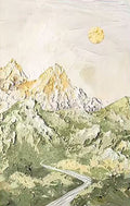 Sculpted green peaks under a gold sun with a road winding below