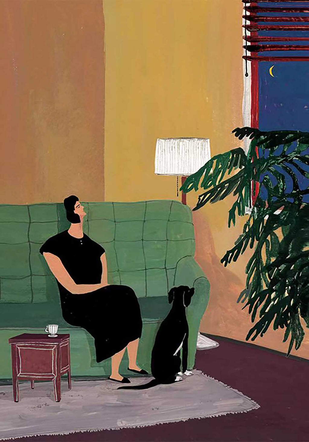 A woman in black resting on a green sofa beside her black dog