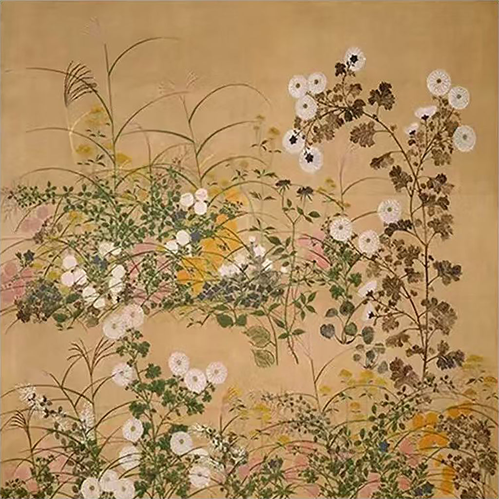 Wild asters, grasses and small blooms on a parchment ground