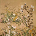 Wild asters, grasses and small blooms on a parchment ground