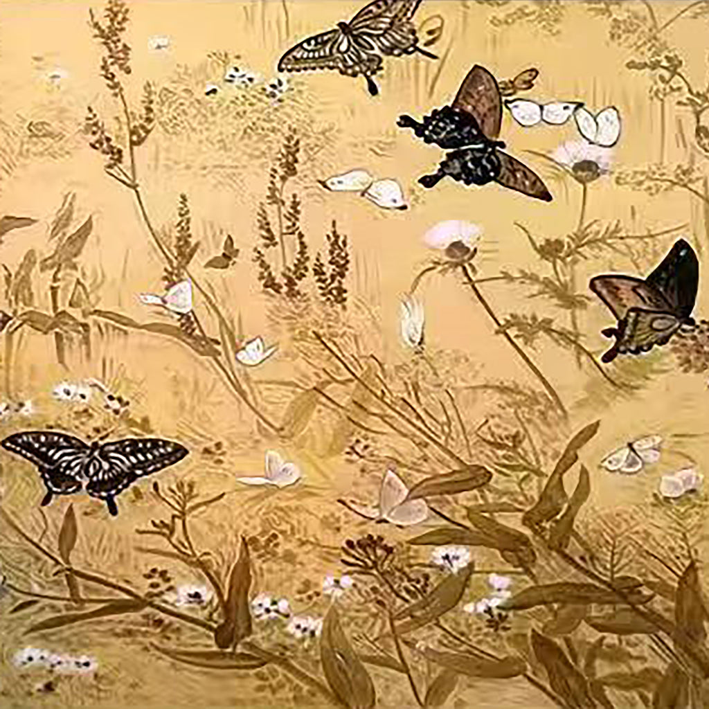 Black swallowtails and white butterflies over wild grasses and blossoms on tan