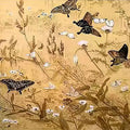 Black swallowtails and white butterflies over wild grasses and blossoms on tan