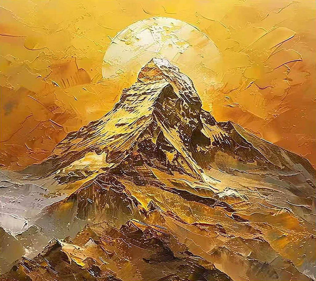 A rugged peak before a huge golden sun in thick paint