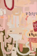 Playful pink, red and olive marks and scribbles